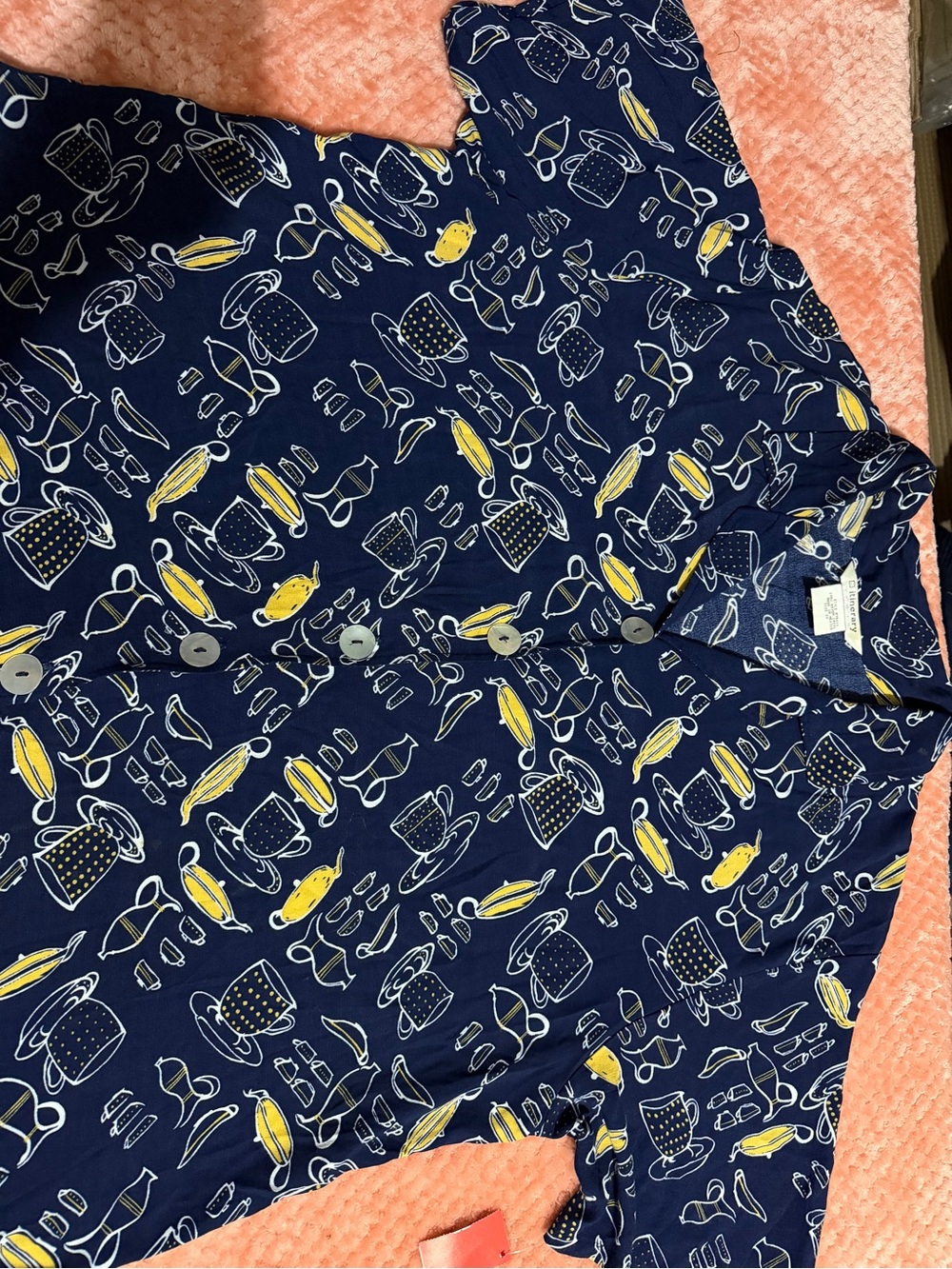 Ann Taylor Navy Button-Up Top with Yellow and White Tea Cup Print